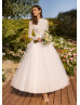 Beaded Ivory Lace Tulle Ankle Length Keyhole Back Wedding Dress